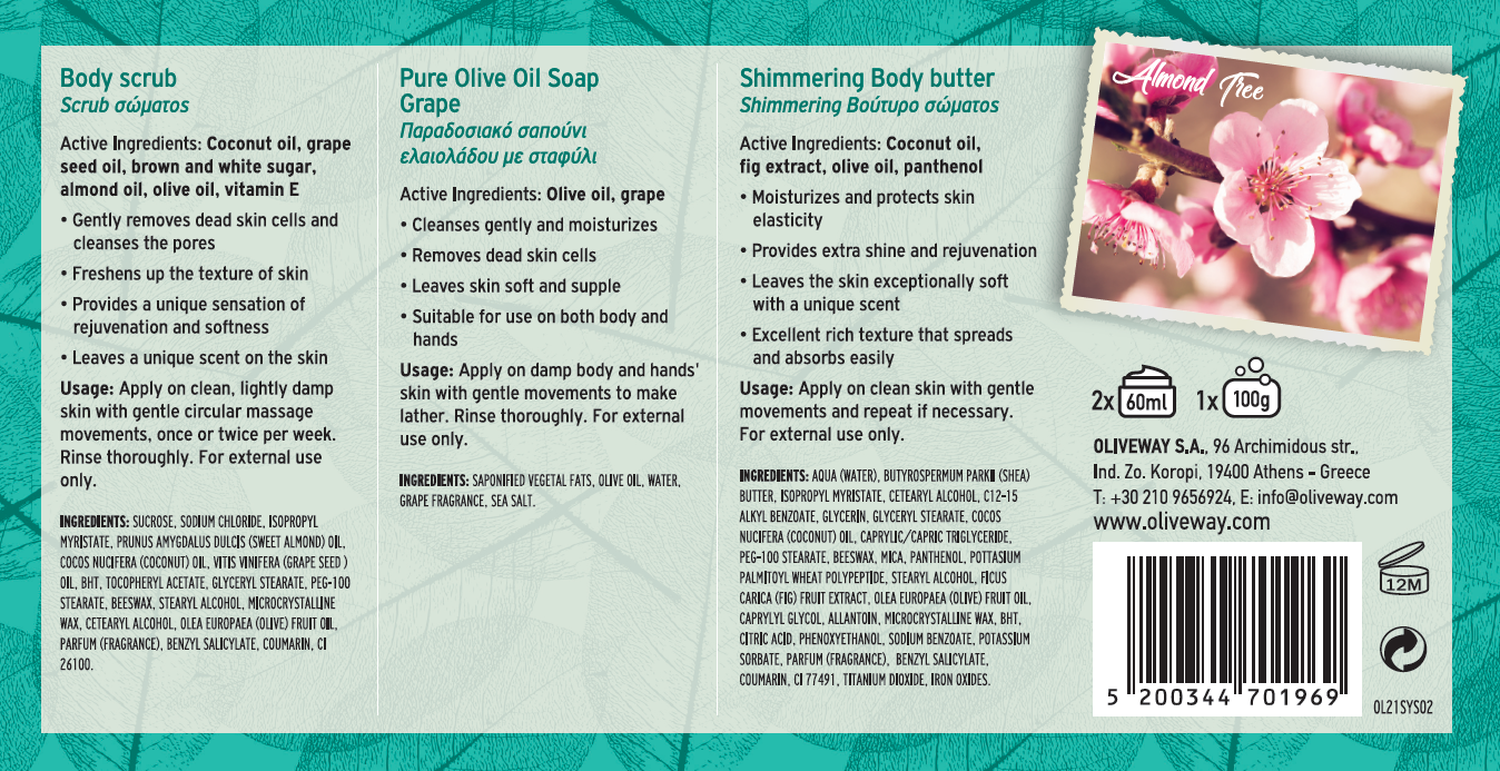 Oliveway geschenkset aus natürlicher Körperbutter, Olivenseife und Körperpeeling (ruckseite)
