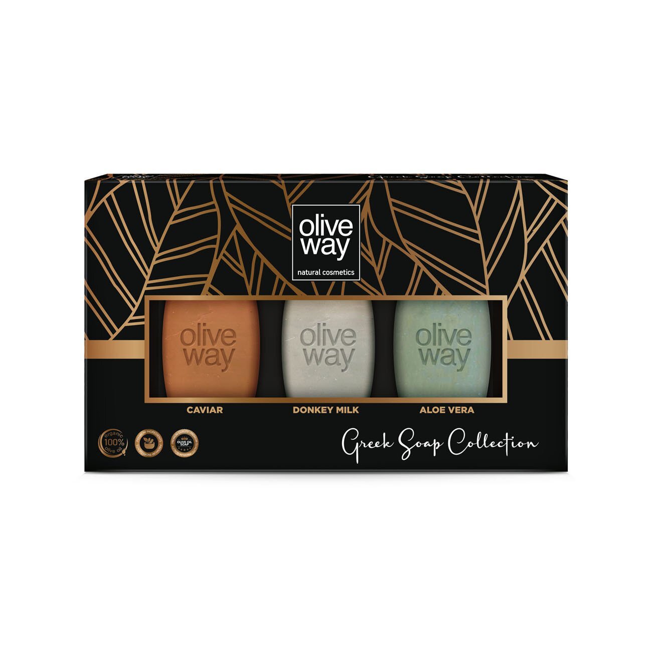 Oliveway Premium geschenkdoos met drie zeepstaven (kaviaar, ezelinnenmelk en aloë vera.)