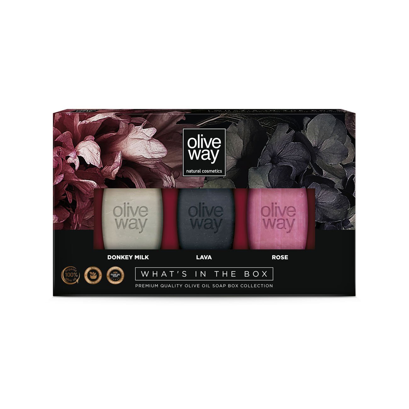 Oliveway Premium geschenkdoos met drie zeepstaven (ezelinnenmelk, vulkanische lava en rozengeur)
